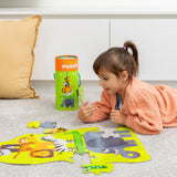 A child completing the Crocodile Creek 30 piece Jungle tower puzzle by Crocodile Creek