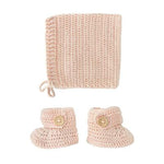 Hand crocheted bonnet and booties set in peach colour.
