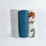Pack of 3 muslin swaddle blankets in a dinosaur theme by Little Unicorn brand.