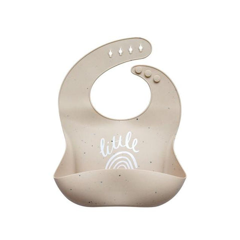 Silicone Bib with Little Rainbow print in speckled nude."